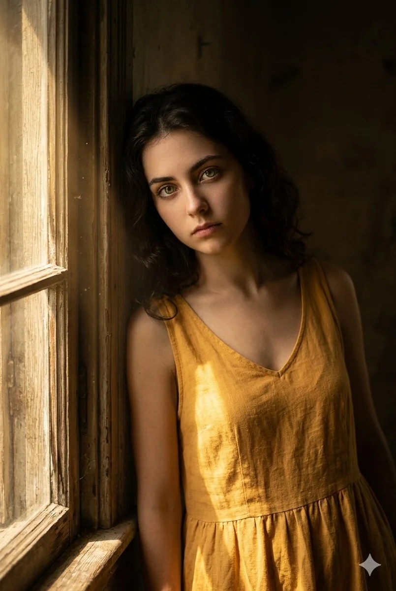 A young woman with green eyes leans by a rustic window