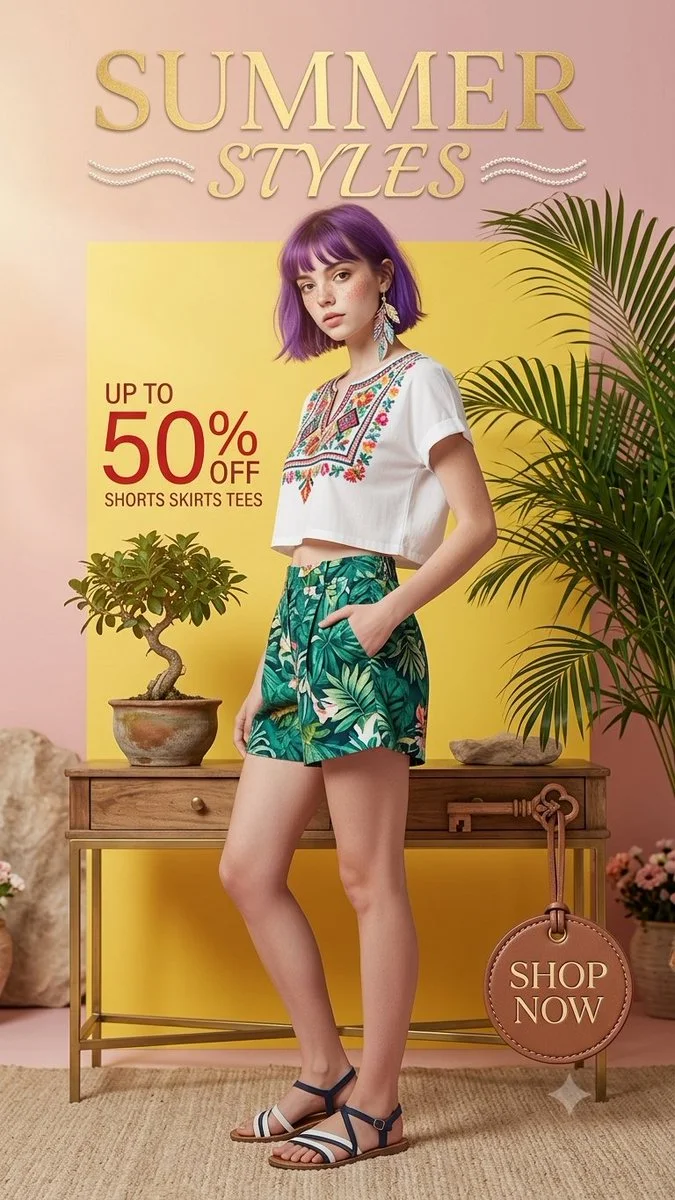 A young woman with purple bob cut poses in vibrant summer studio setting