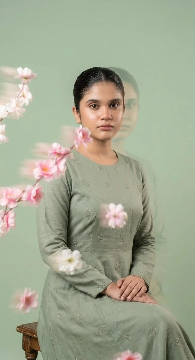 A young woman with serene expression drifts among sage flowers