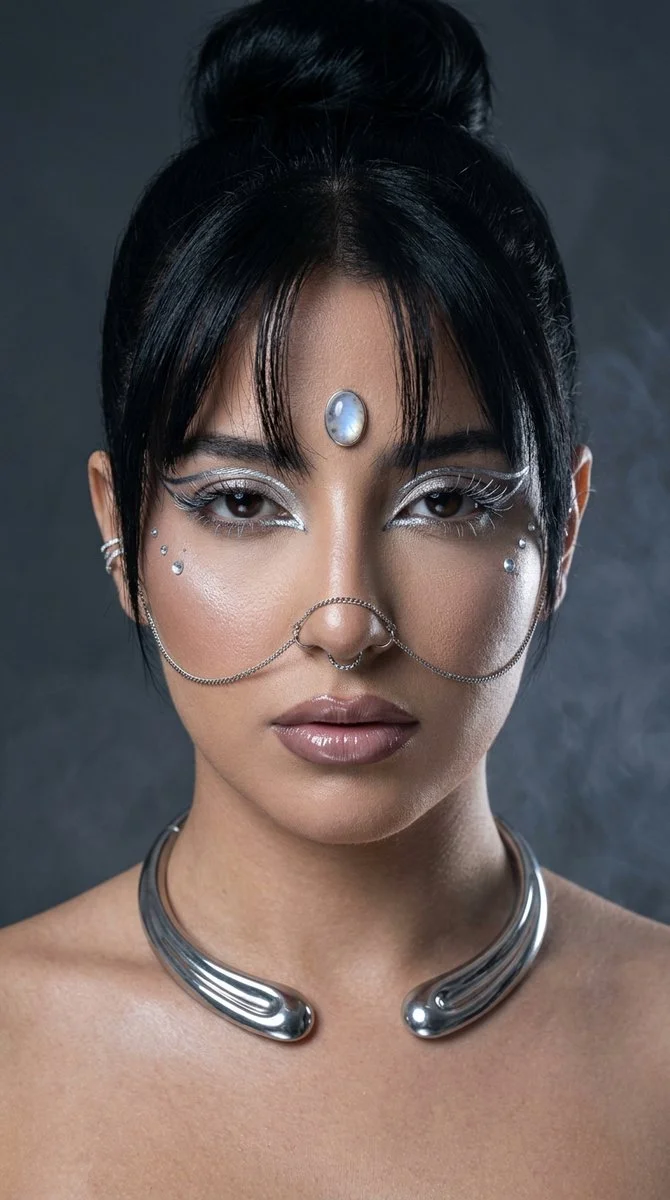 A young woman with silver chrome liner stares fiercely in editorial light