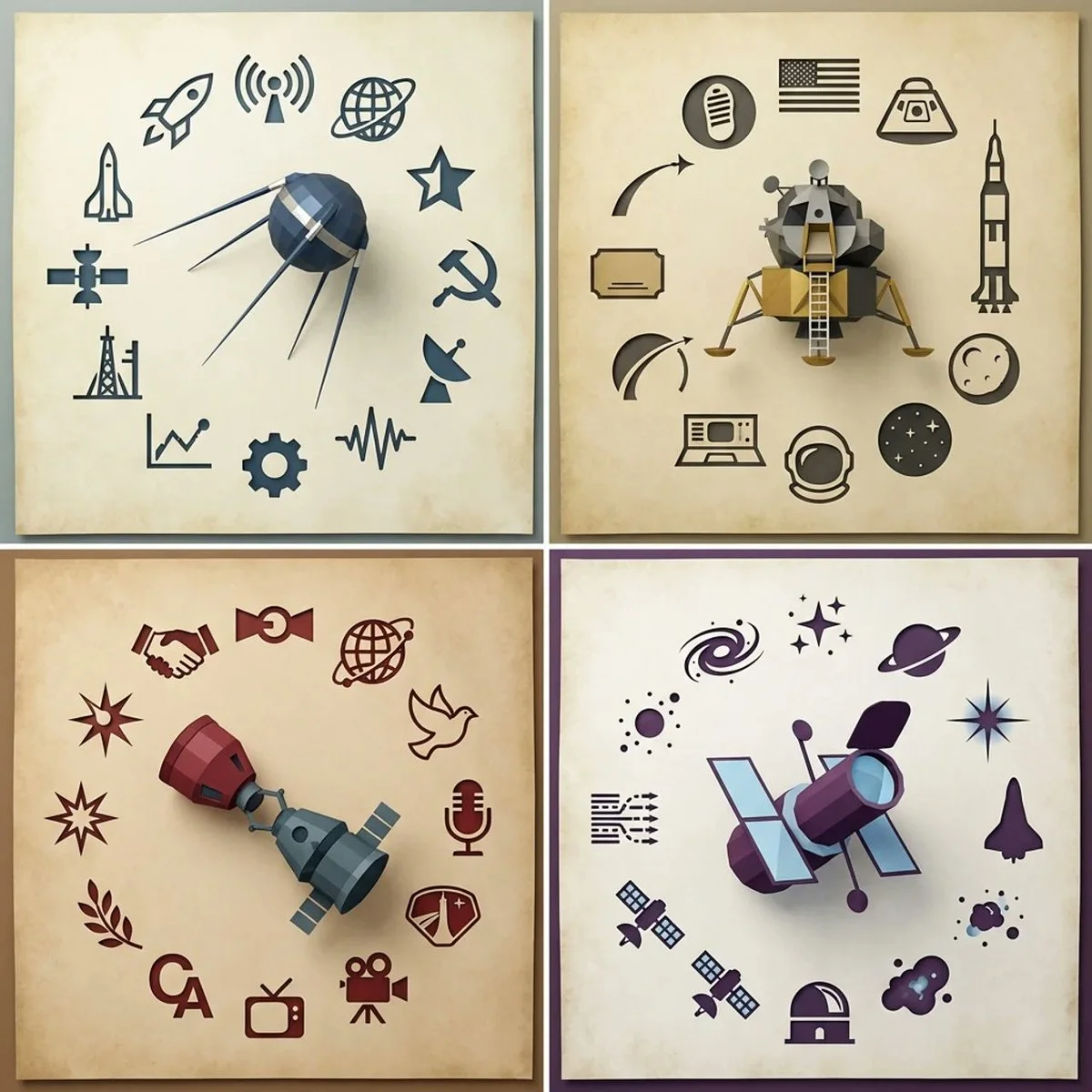 Abstract Geometric Dioramas Depicting Key Space Age Events