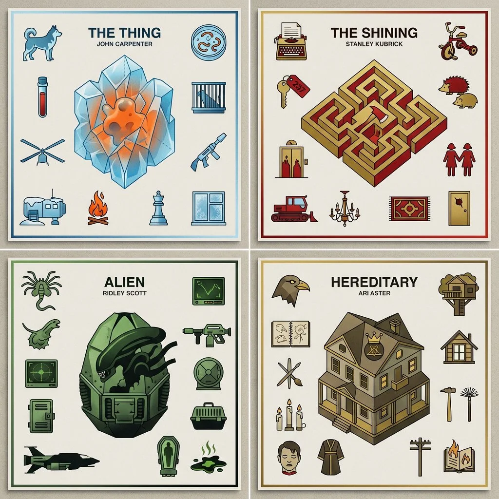 Abstract Geometry of Fear: Horror Icons Reimagined in Dual Tones