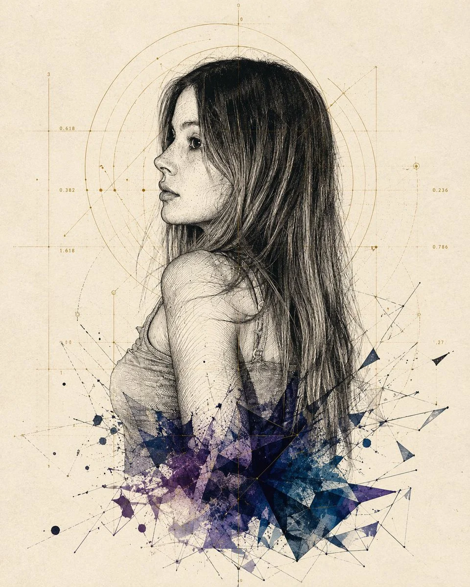 Abstract profile deconstructed into ink splashes and blue polygons