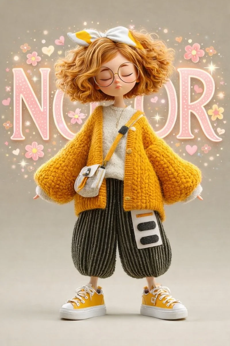 Adorable 3D Character in Cozy Knitwear and Kawaii Style