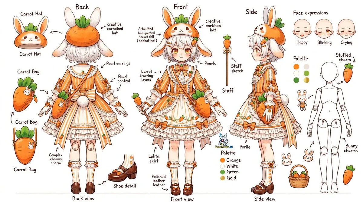 Adorable Doll-Like Anime Girl Character Design Sheet