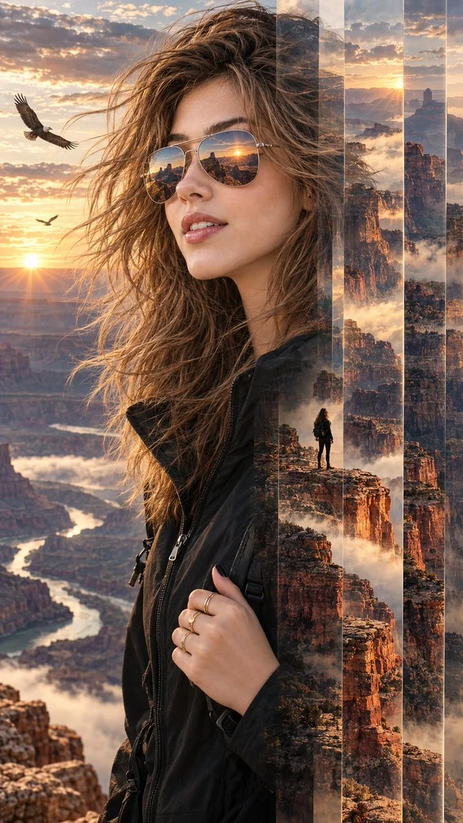 Adventurer in aviators gazes at canyon through surreal reflection