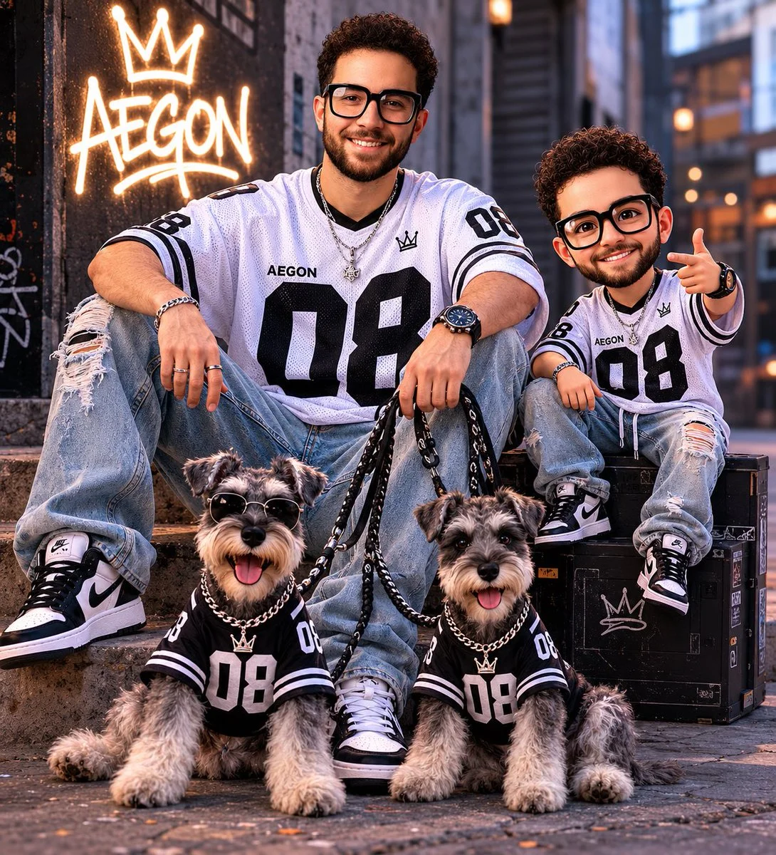 AEGON poses with his chibi twin and two Schnauzers in a gritty alley