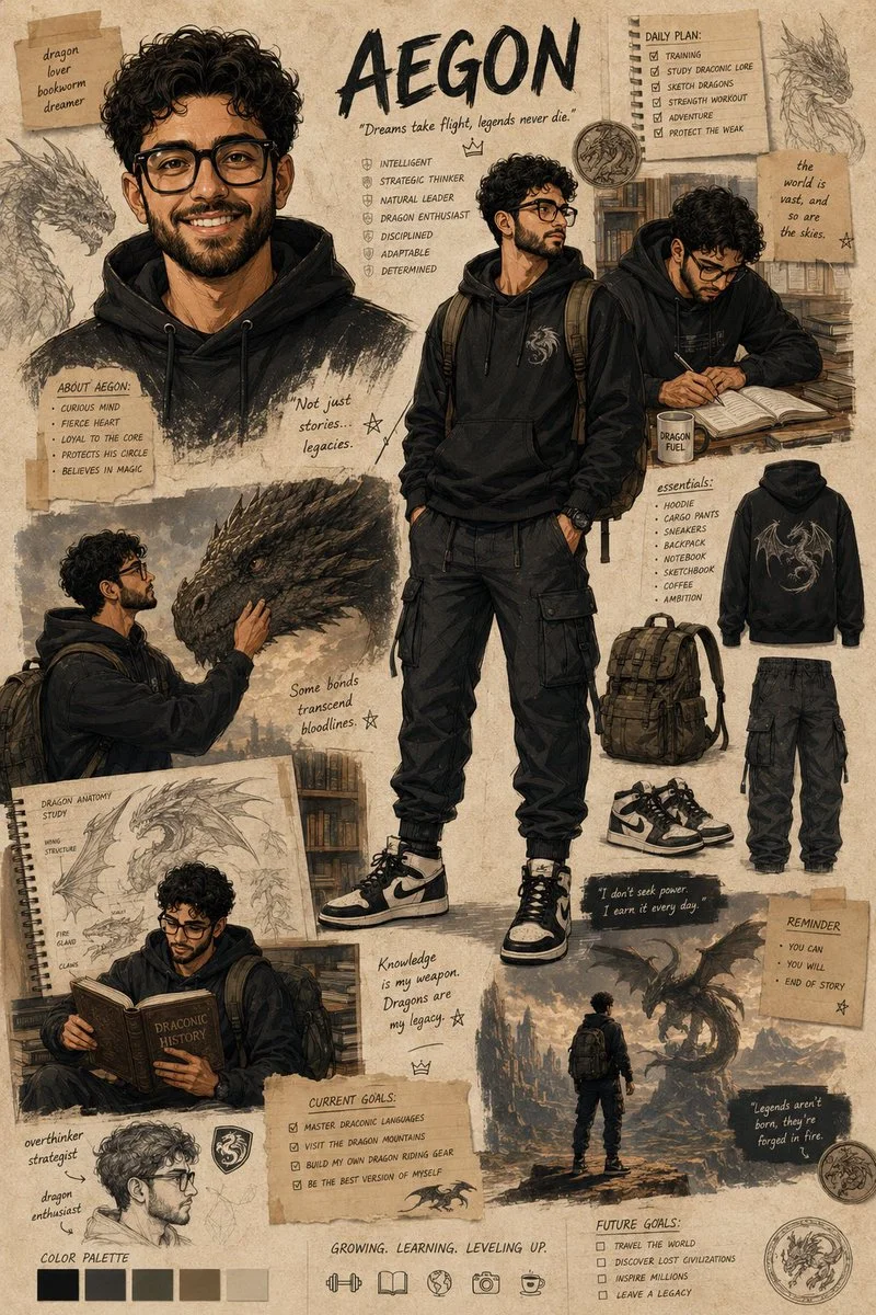 Aegon studies ancient dragon lore in a cozy dark academia sketchbook
