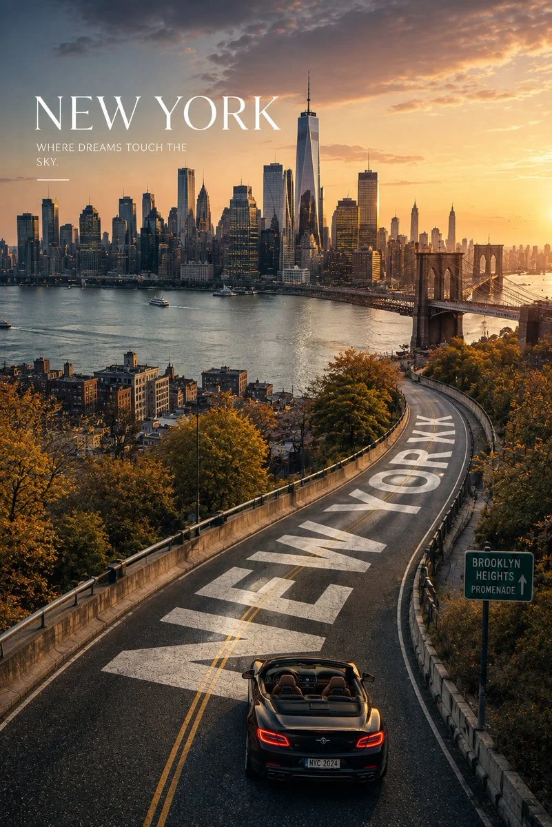 Aerial road curves toward the coast under golden hour light