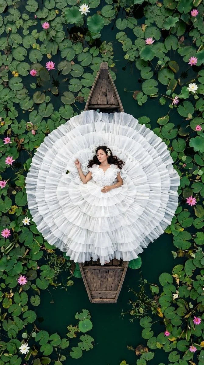 Aerial view shows woman in white gown floating like a lotus flower.