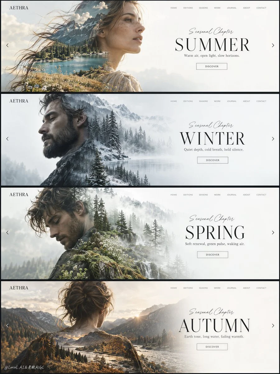 AETHRA Seasonal Hero Slides Unite Four Distinct Atmospheres
