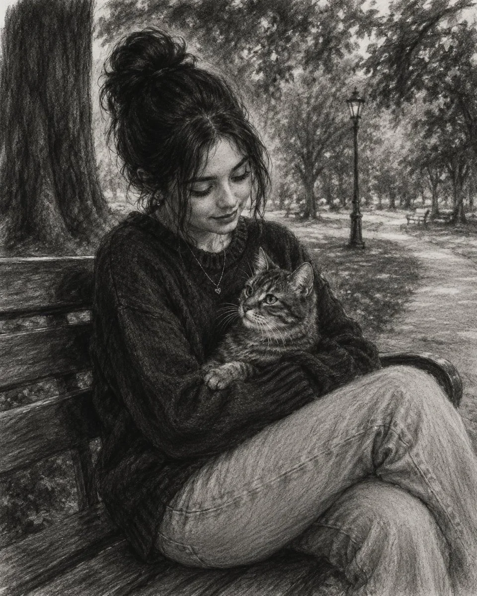 Affectionate cat owner shares a quiet afternoon in charcoal tones