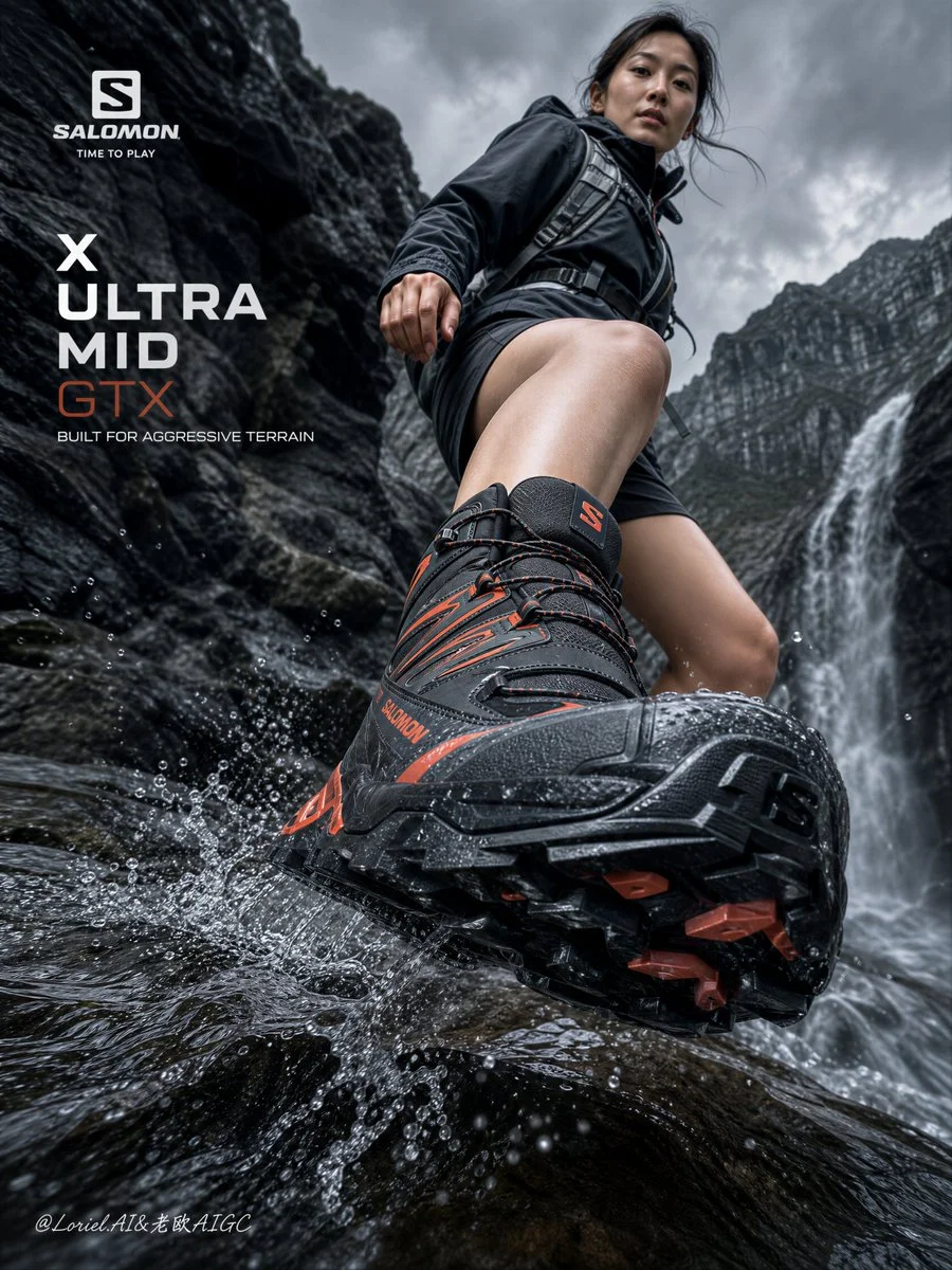 Aggressive Salomon outsole attacks the camera in ultra-low shot