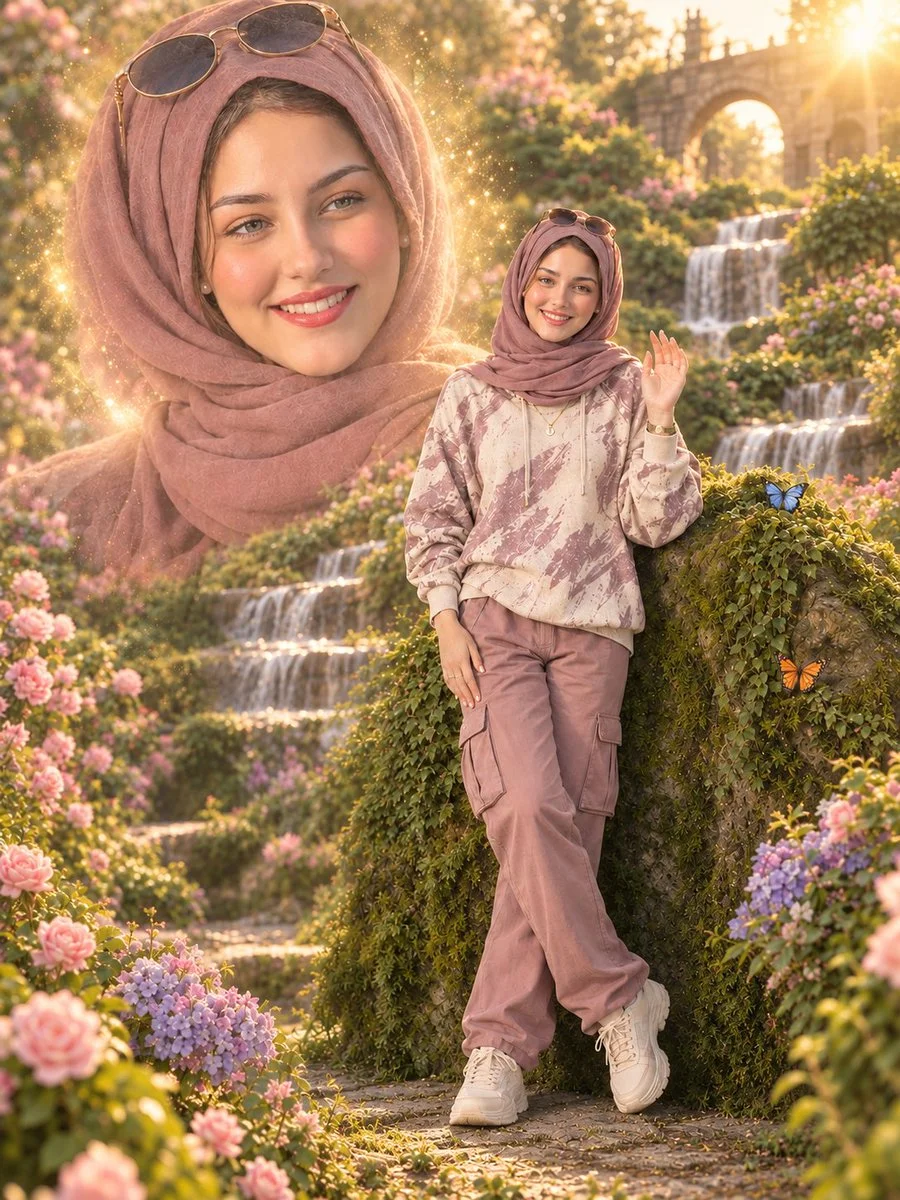 Aiza in dreamy garden with golden sparkles and waterfalls