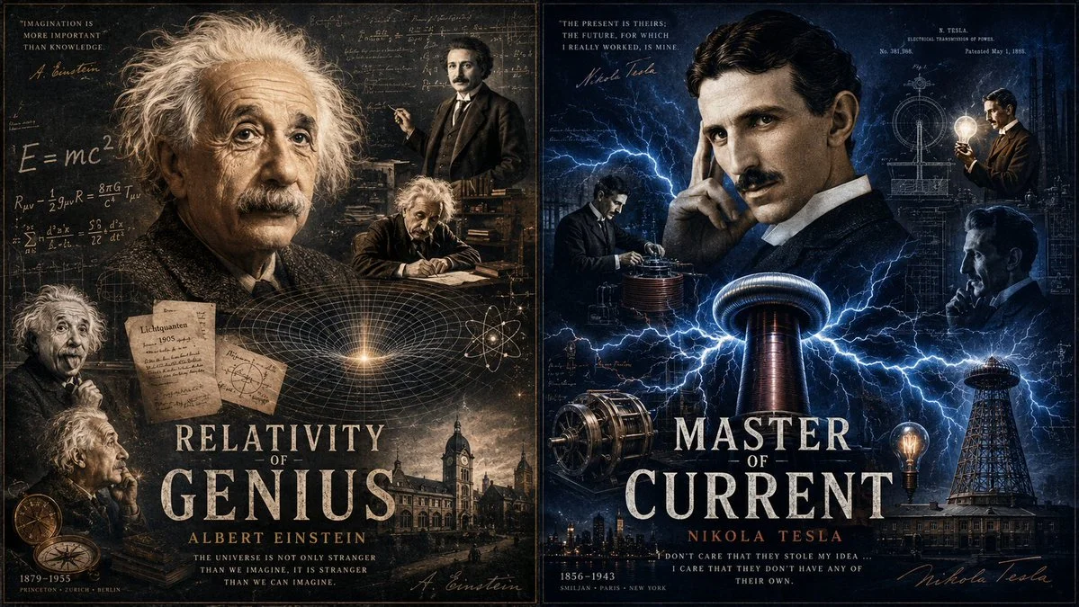 Albert Einstein and Nikola Tesla pose with their greatest inventions