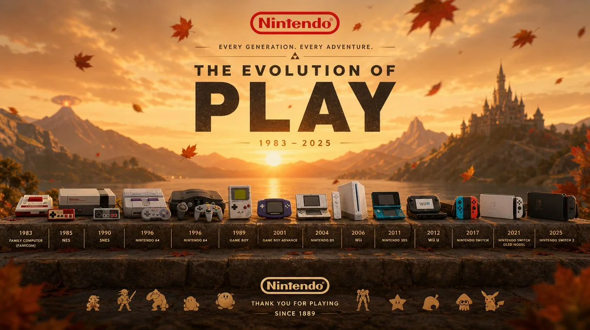 All Nintendo consoles glow under a warm sunset with falling leaves