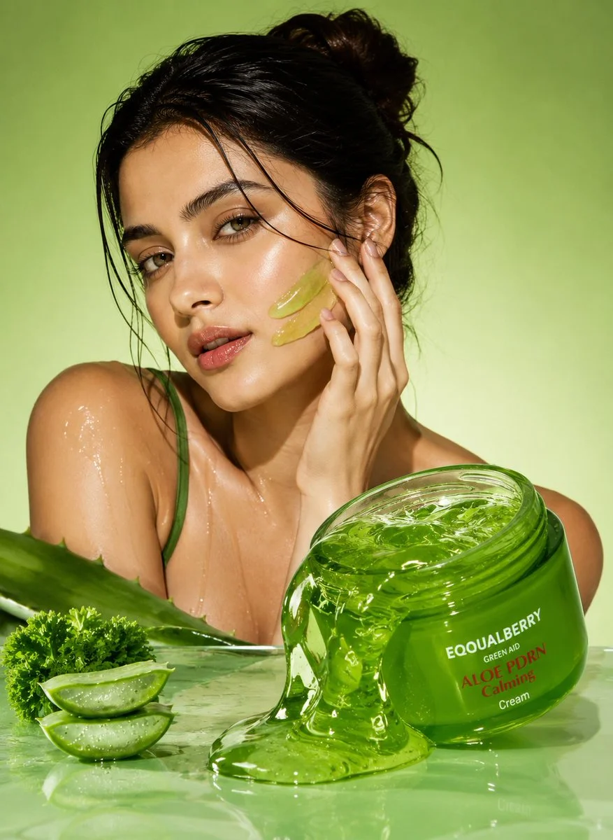 Aloe vera toner bottle floats above glossy green leaf in luxury skincare ad