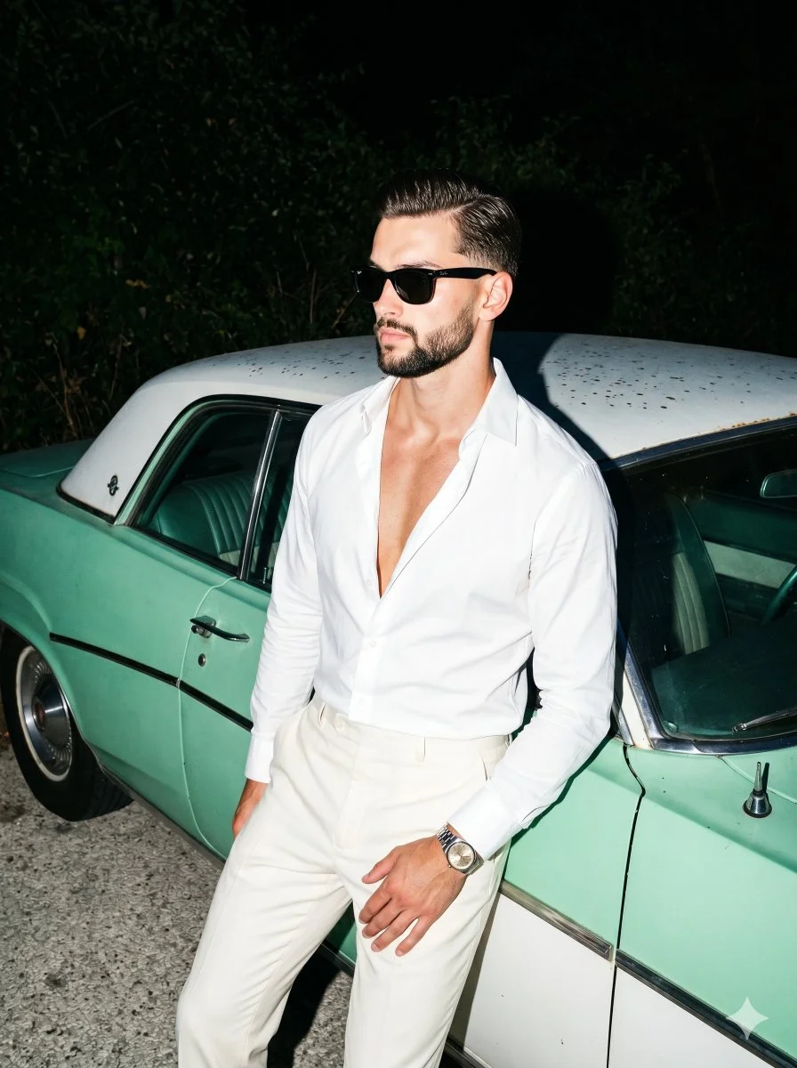 Aloof man in white shirt leans against vintage mint green car