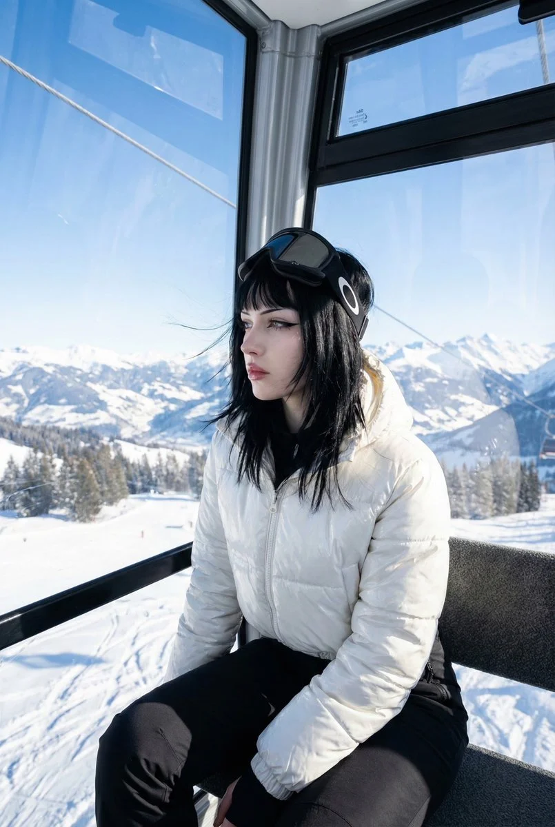 Alpine E-Girl in a Gondola: A Winter Wonderland Portrait