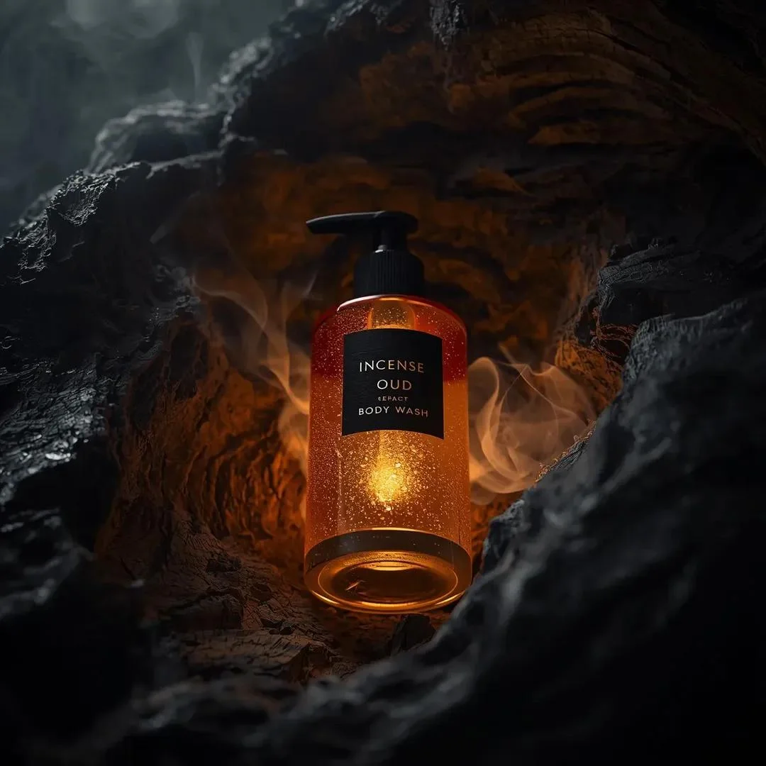 Amber Glow: Incense Oud Body Wash Amid Rugged Driftwood