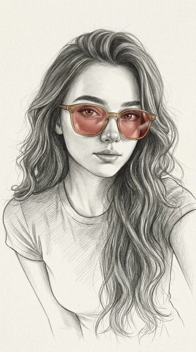 Amber-tinted sunglasses highlight a detailed graphite portrait sketch