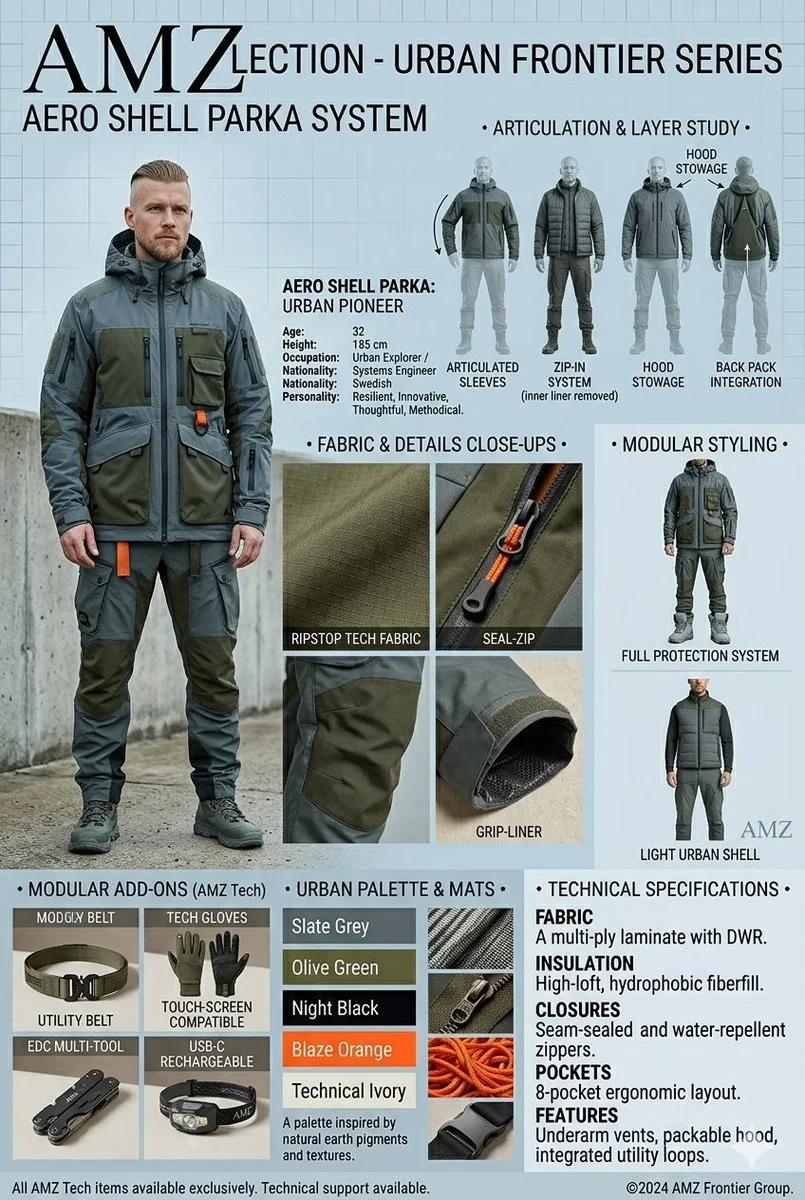 AMZ Collection urban frontier series technical outerwear spec sheet