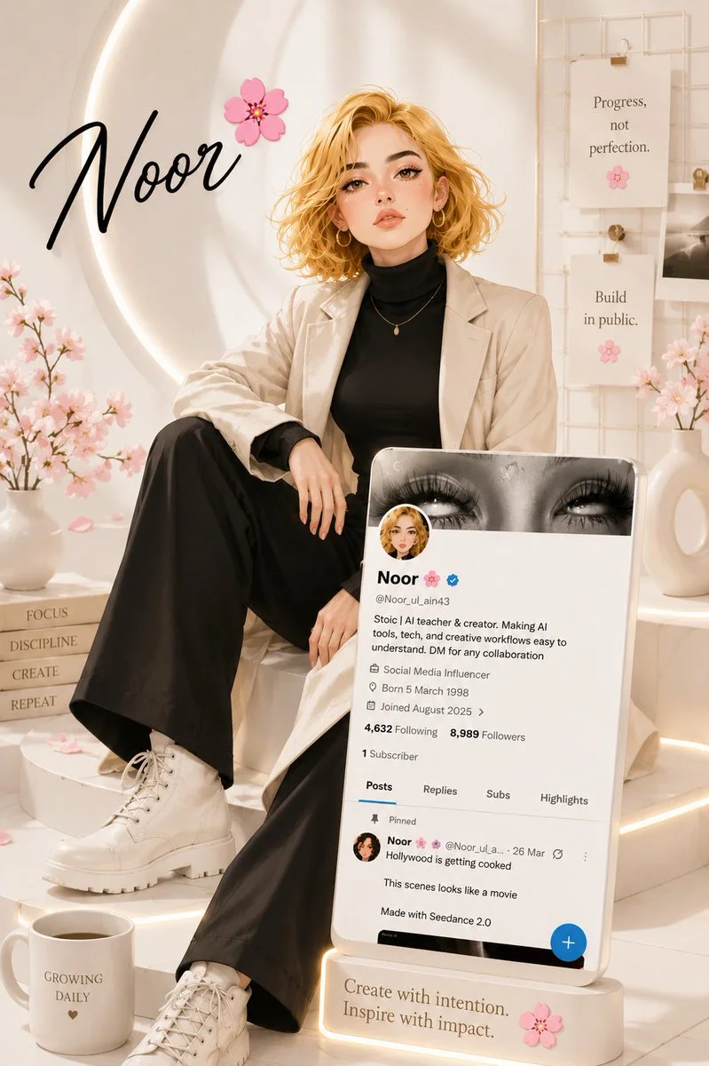 An elegant anime woman poses confidently on white steps