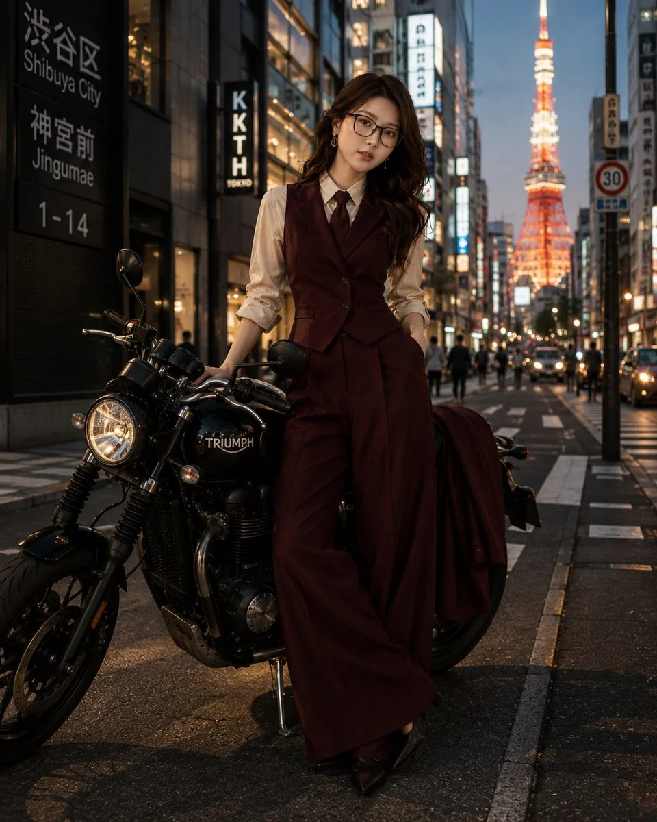 An elegant woman poses with a Triumph on a rainy Tokyo street.