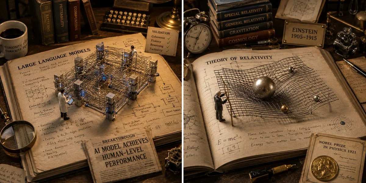 An expert figurine inspects a warped spacetime grid in a vintage study.