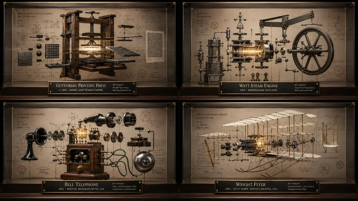 An exploded glass case reveals the printing press's inner mechanism.