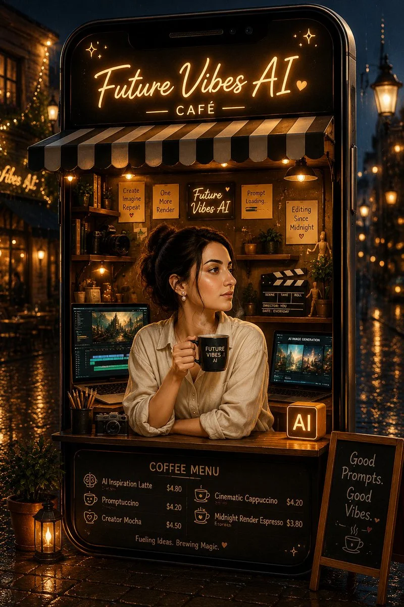 An Indian creator smiles warmly inside a glowing smartphone café.