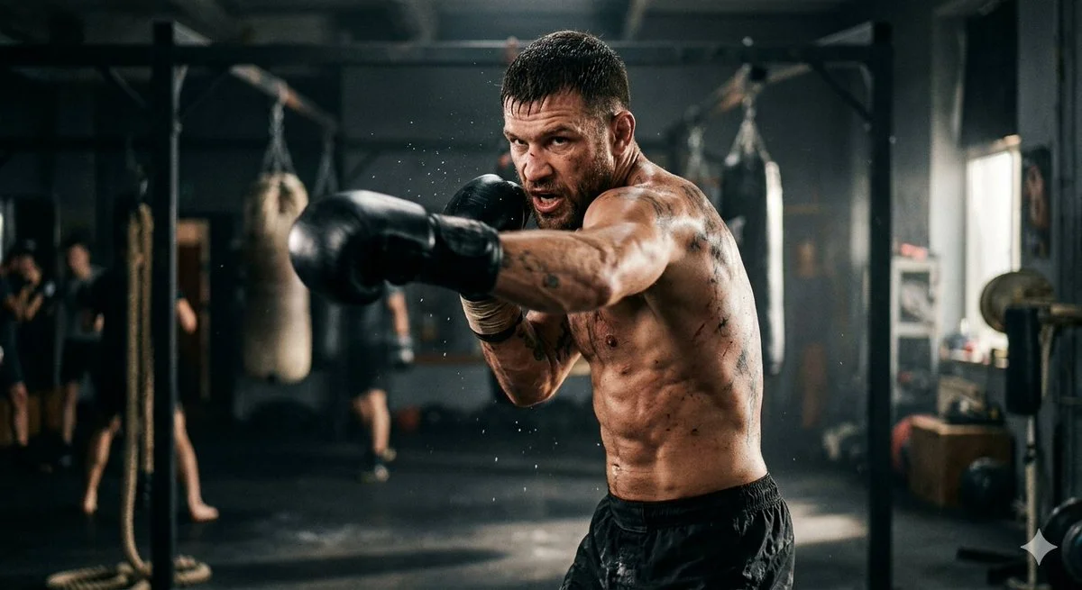 An intense MMA fighter throws a powerful punch in a smoky gym.