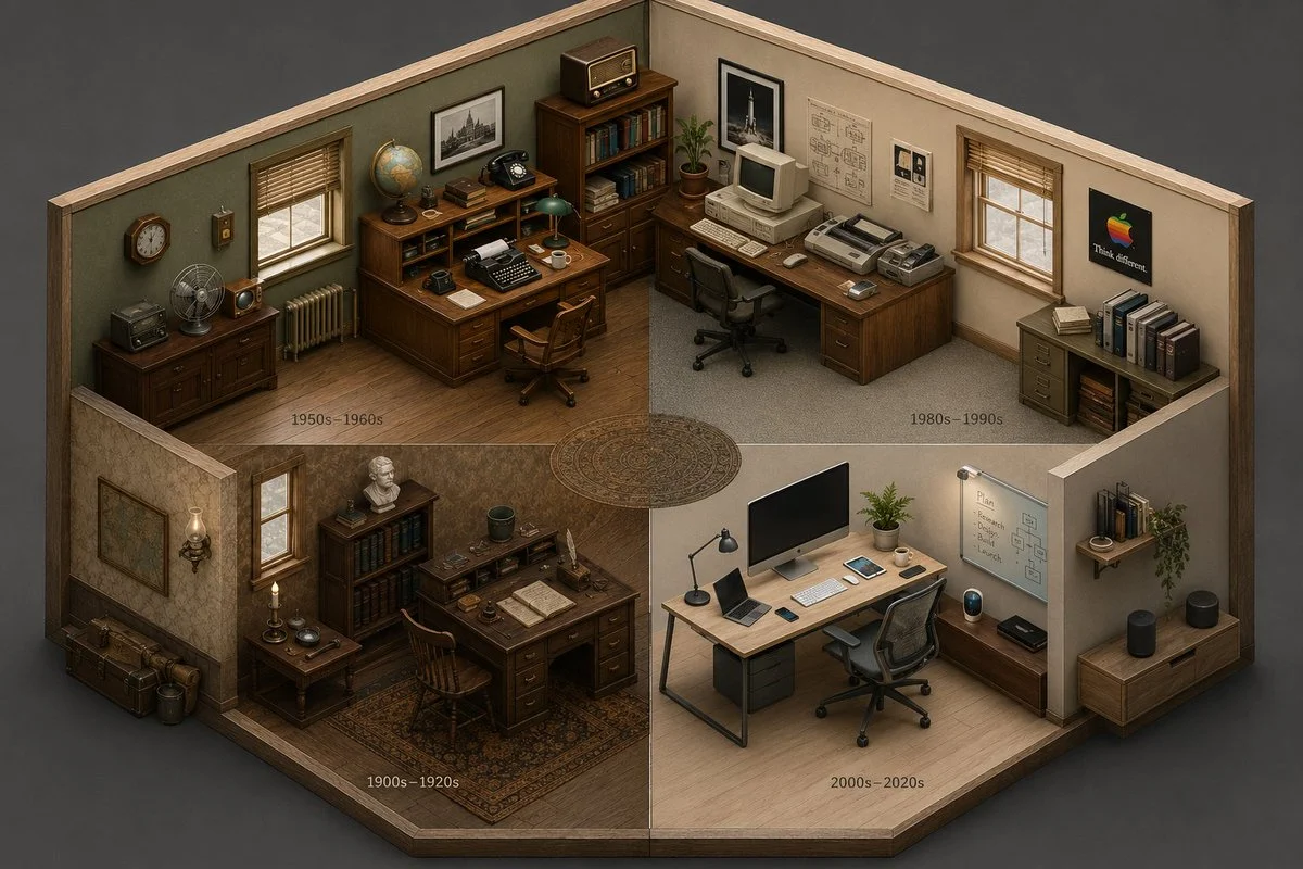 An isometric cutaway reveals a kitchen evolving through four distinct eras