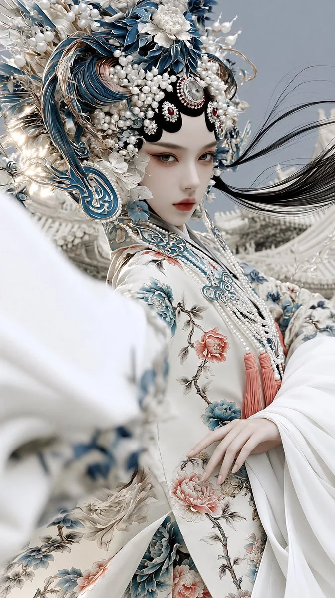 An ivory-clad figure with ornate headdress stands in serene contemplation