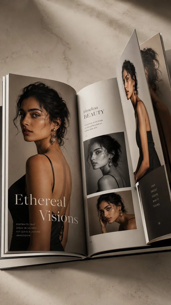 An open luxury coffee table book displays vibrant editorial portraits