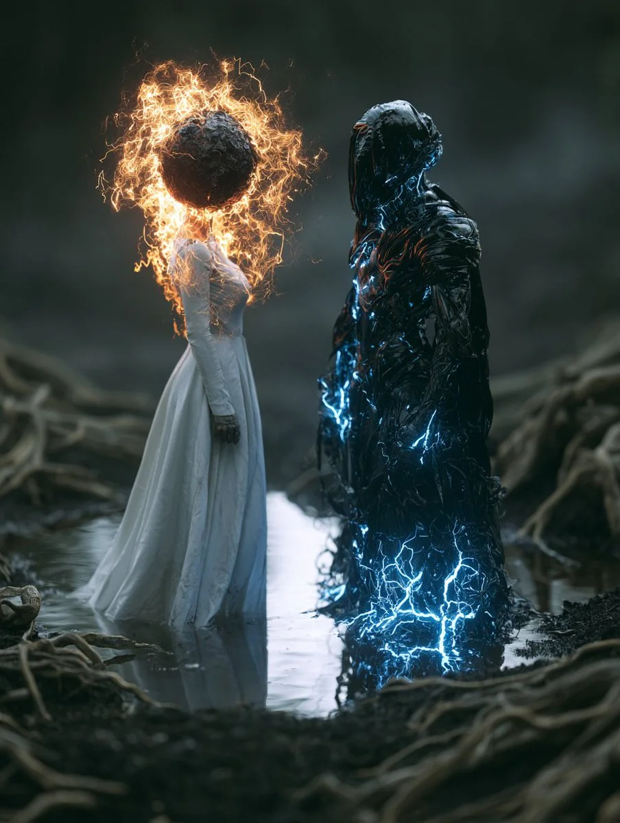 An orb-headed woman and cloaked figure face each other.