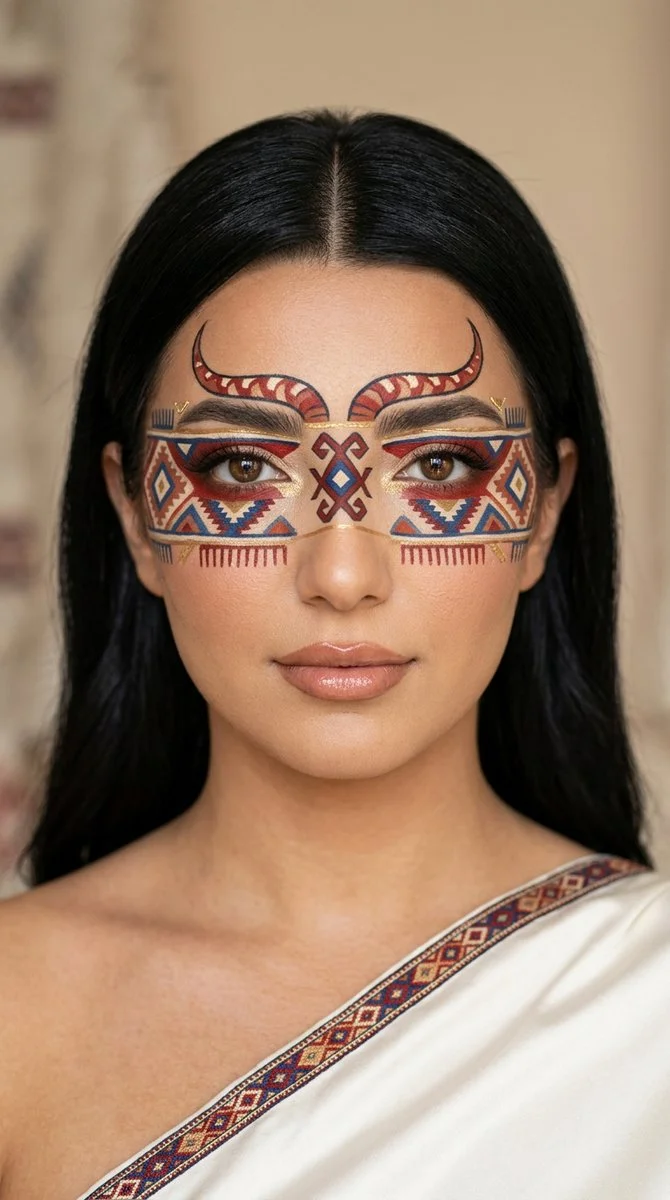 Anatolian kilim motifs transform a model's face into woven art