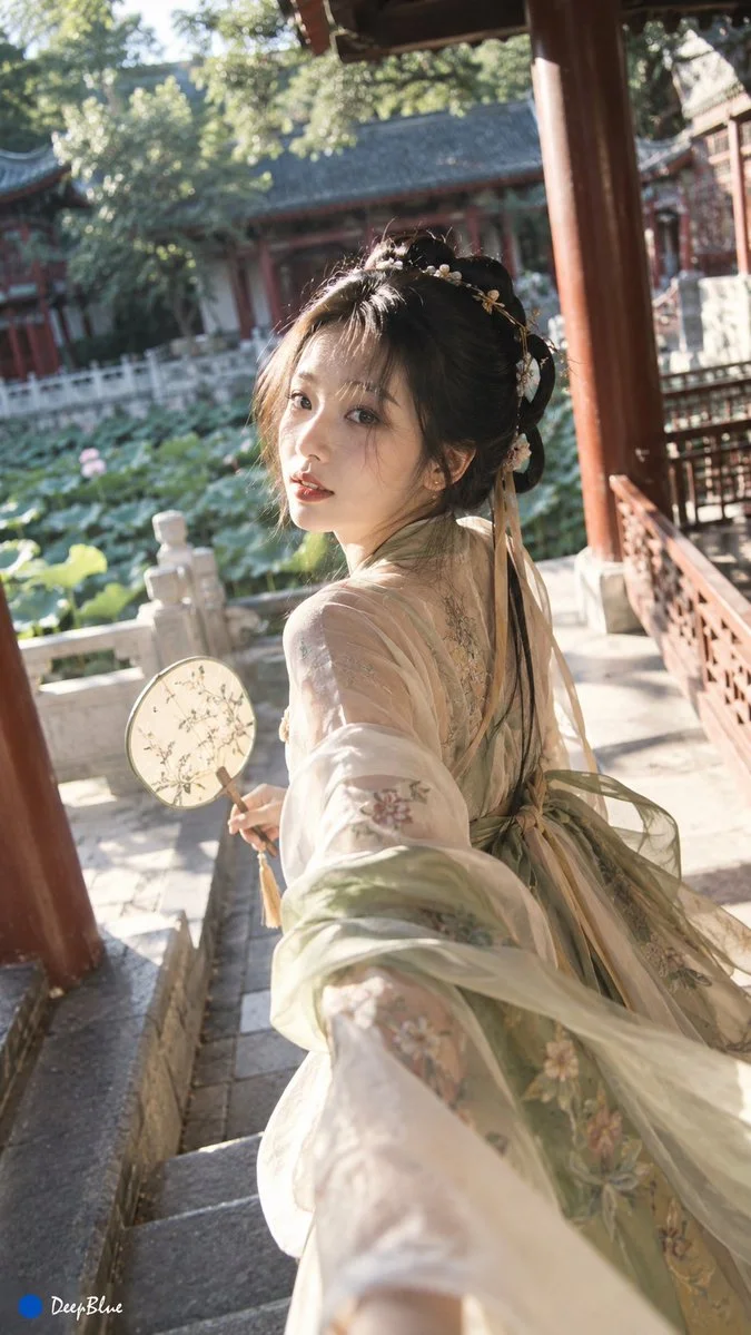 Ancient Chinese Han Dynasty Woman Poses in Traditional Hanfu for Street Snapshot
