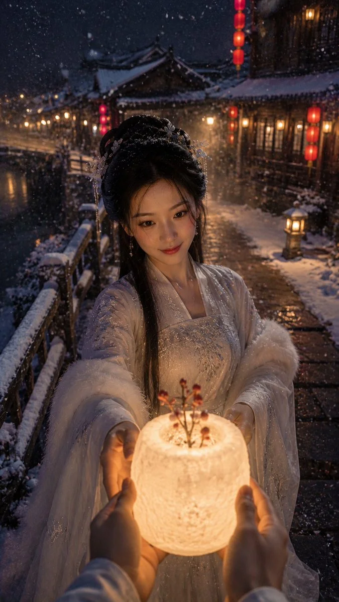 Ancient Chinese romance through a smartphone lens at dusk