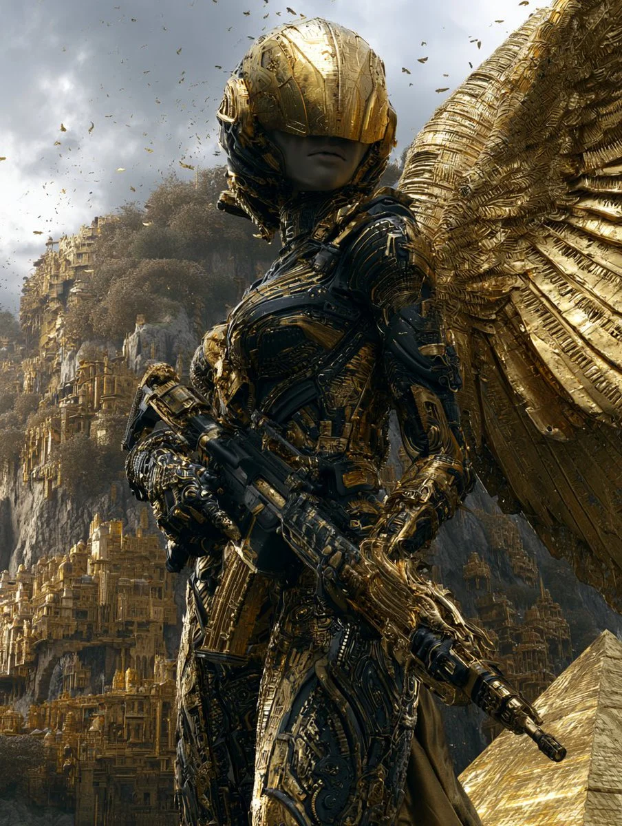 Ancient golden pyramid and fortress blend with futuristic warrior statue