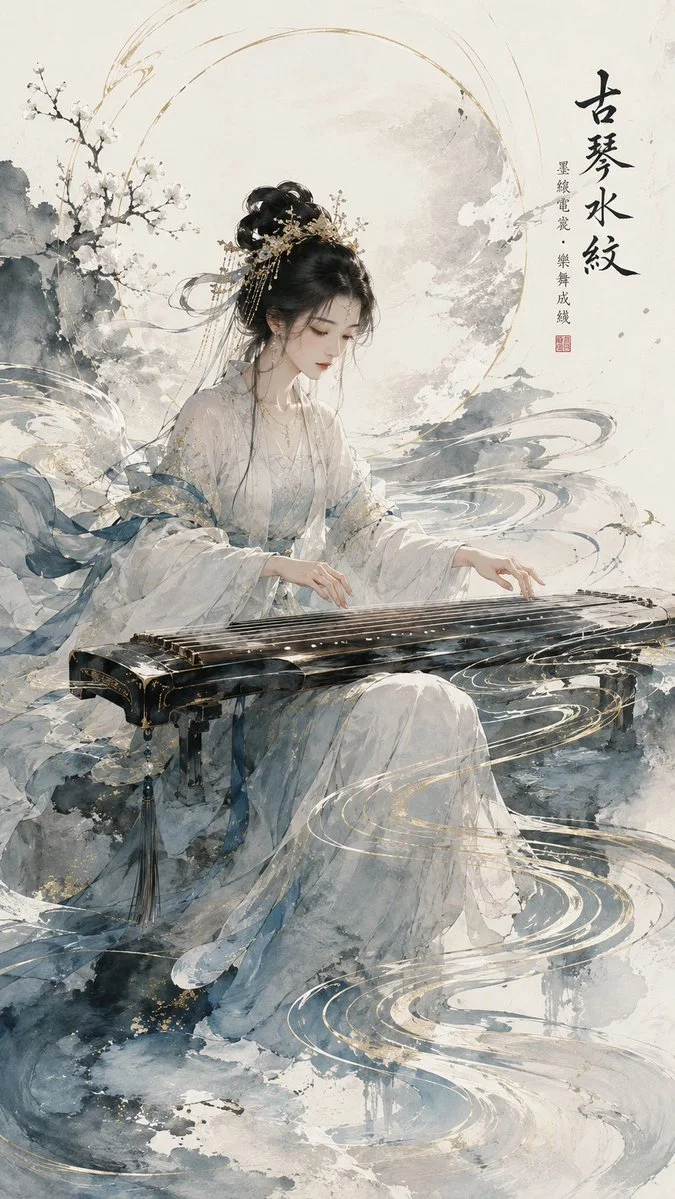 Ancient qin strings transform into flowing water patterns in ink art