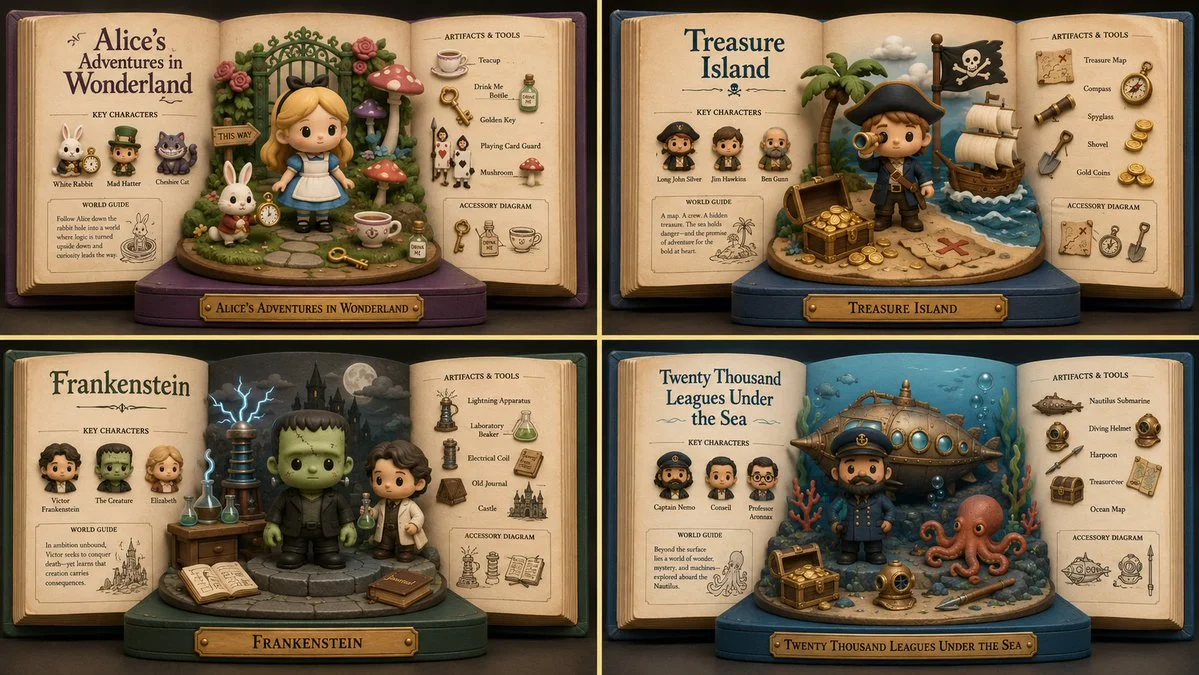 Ancient scroll and ink pot teach history through miniatures.