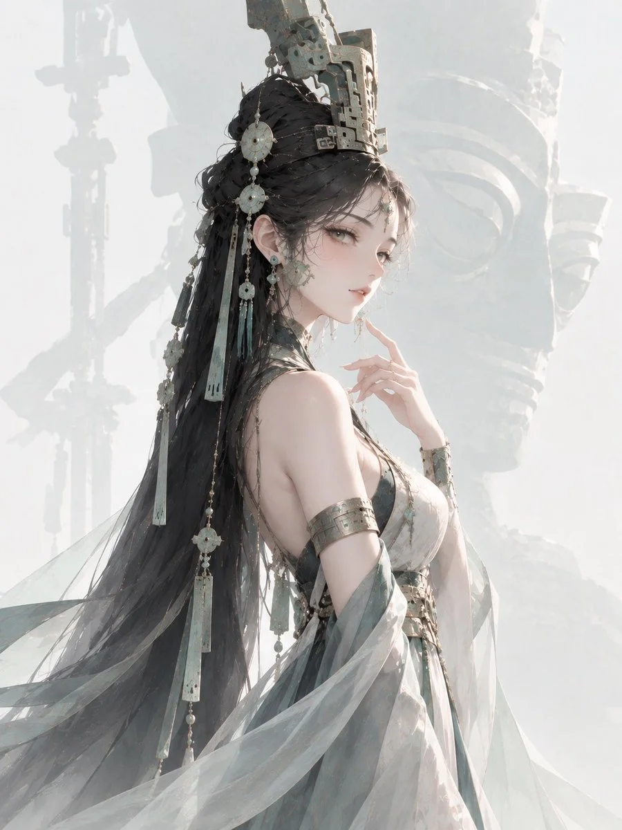 Ancient Shu goddess in bronze crown stands amid misty divine silhouette