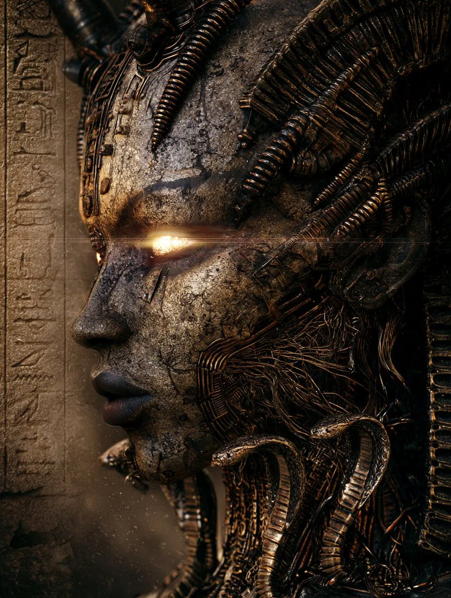 Ancient Stone Face Merges With Futuristic Bronze Wiring and Horns