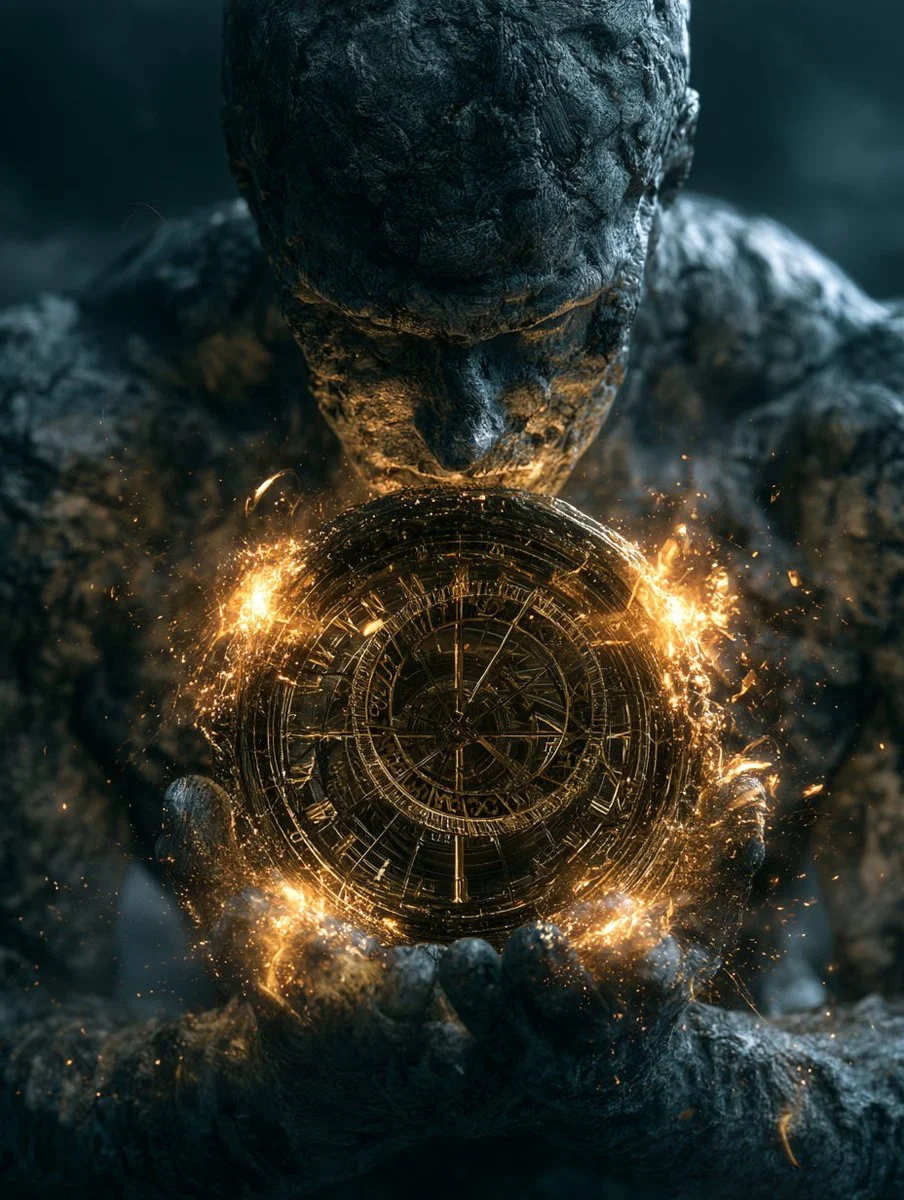 Ancient stone hands hold radiant clock of gold and gears
