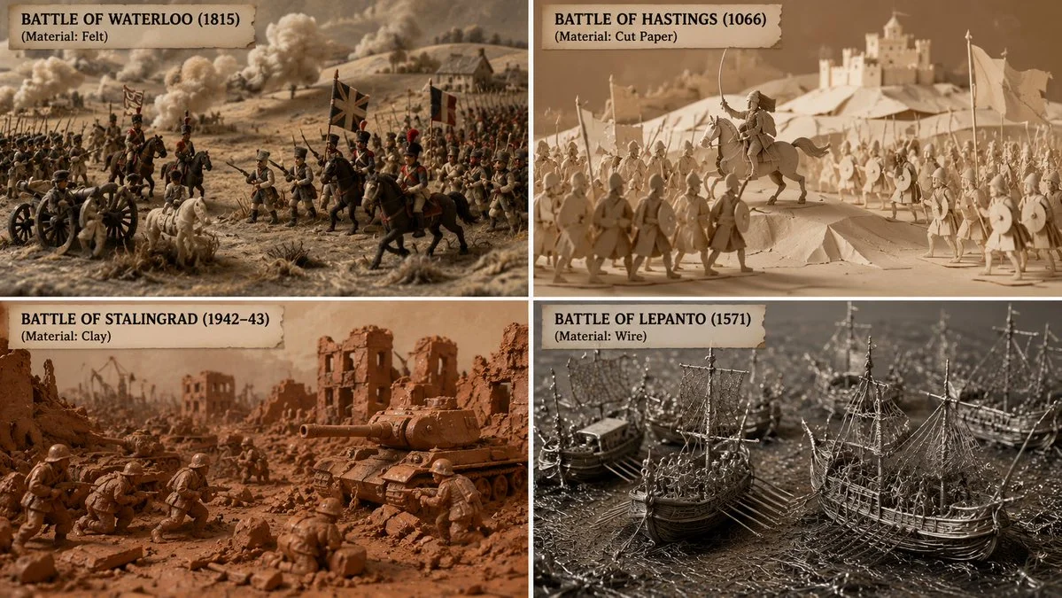 Ancient warriors clash in a ceramic diorama of a historic battle