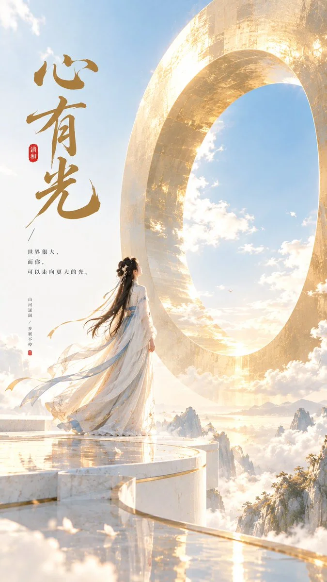 Ancient Woman Gazes at Giant Golden Ring on White Platform