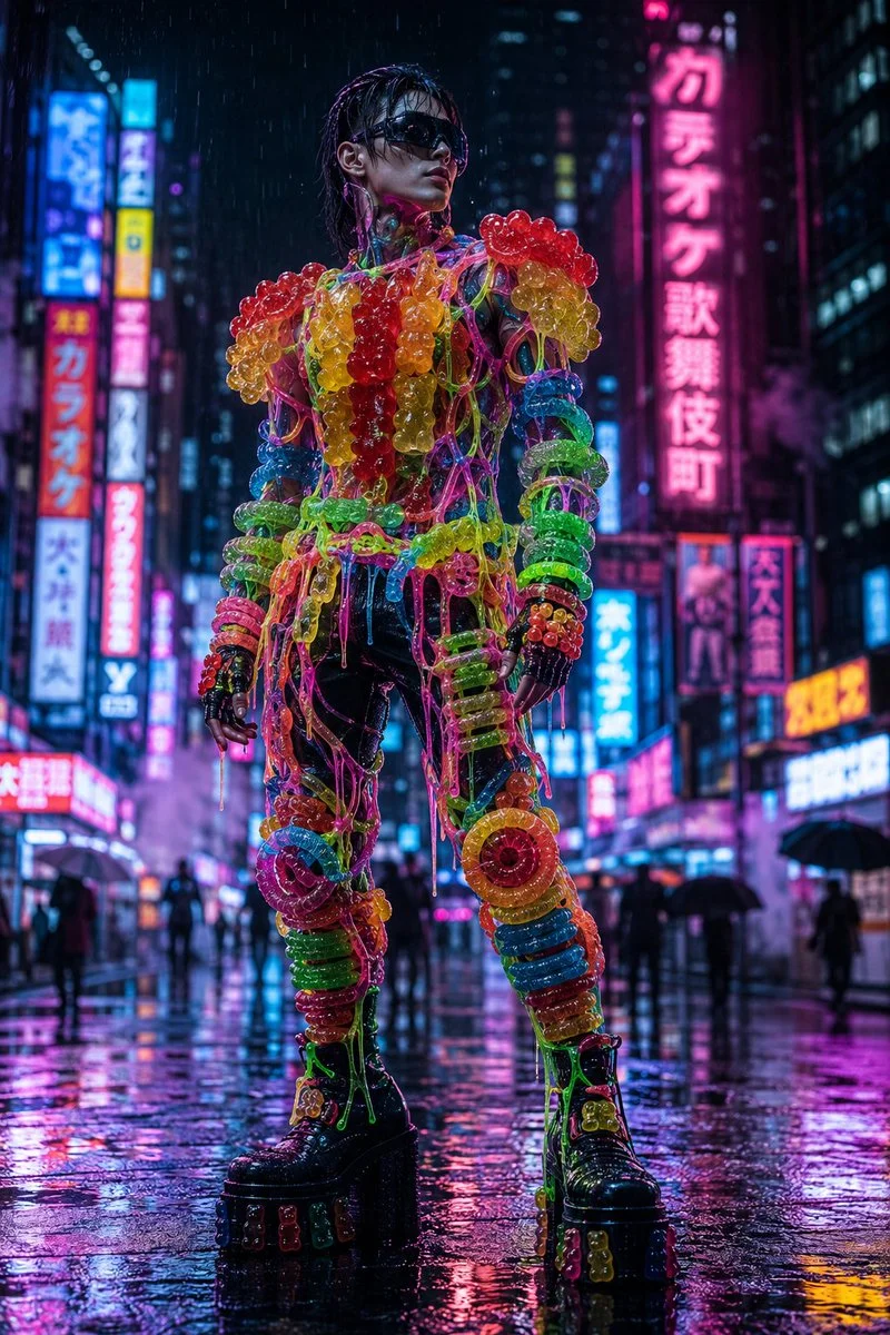 Androgynous model wears glowing gummy armor in rainy neon alley