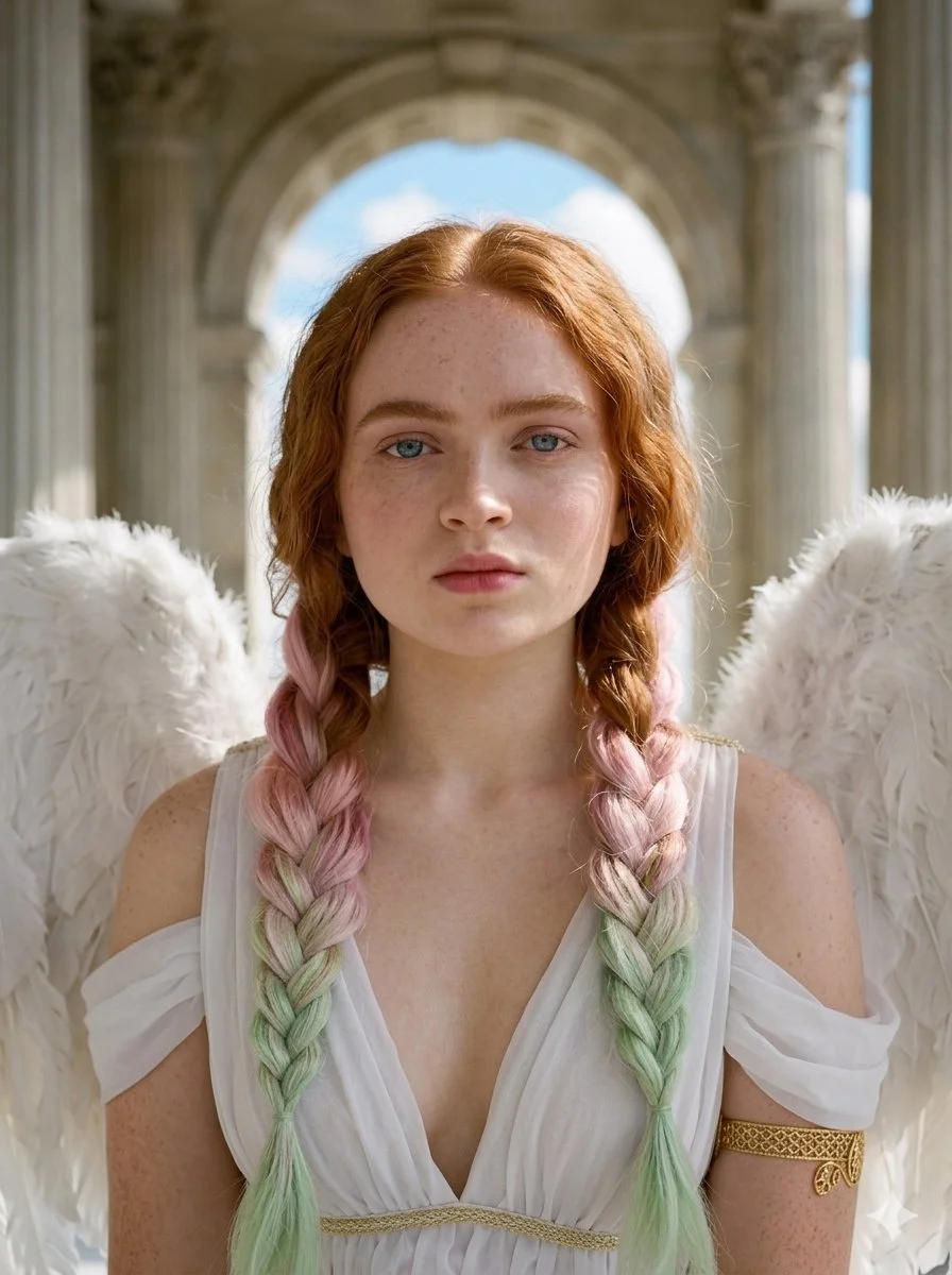 Angelic figure sits on marble floor with pastel braids and wings