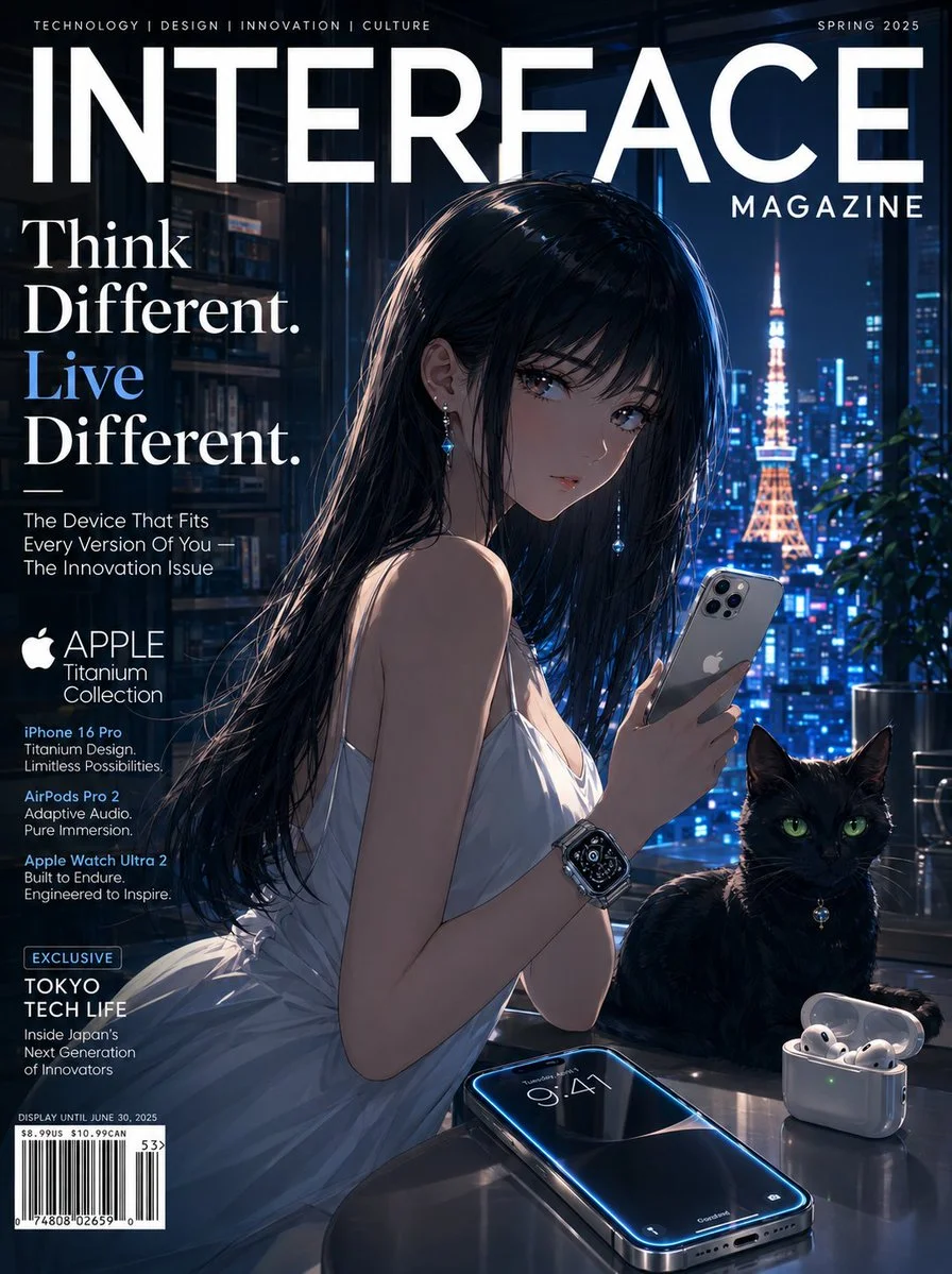 Anime girl holds glowing iPhone beside sleek black cat in Tokyo